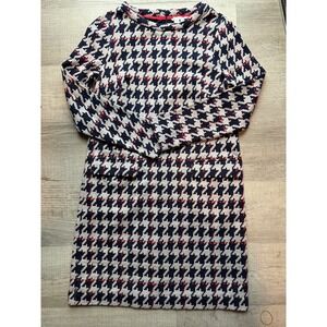 Boden Houndstooth Knit Dress Navy Red Cream Long Sleeve Pockets size 12 womens